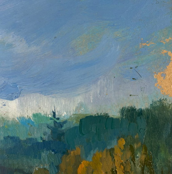 Image 1 of Peinture à l'huile originale Paysage d'été au bord d'une rivière Eaux silencieuses de la forêt