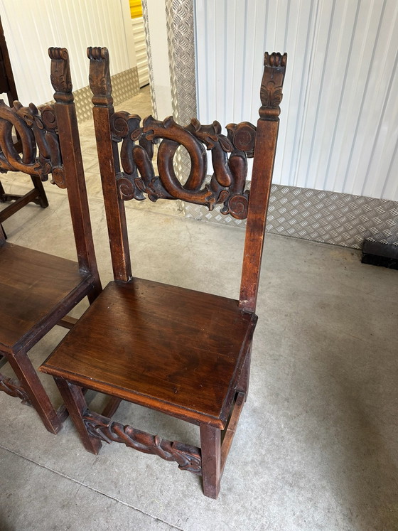 6 Alsatian carved and openwork wooden chairs - 19th century, Dining chairs, Brown (photo 7 of 15)