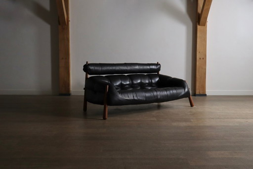 Percival Lafer MP-81 three seater sofa in black leather, Brazil 1970s
