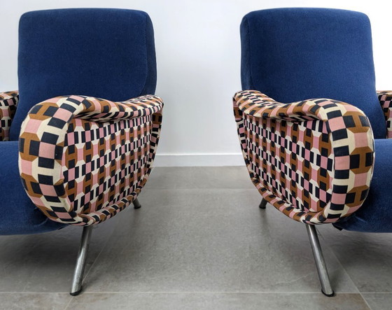 Image 1 of Paire de fauteuils Lady en velours bleu Hermès, Marco Zanuso, Italie, années 1950