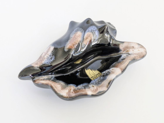 Image 1 of 1960s Vallauris Style Seashell Dish, Midcentury Fat Lava Glaze, Black and Blue