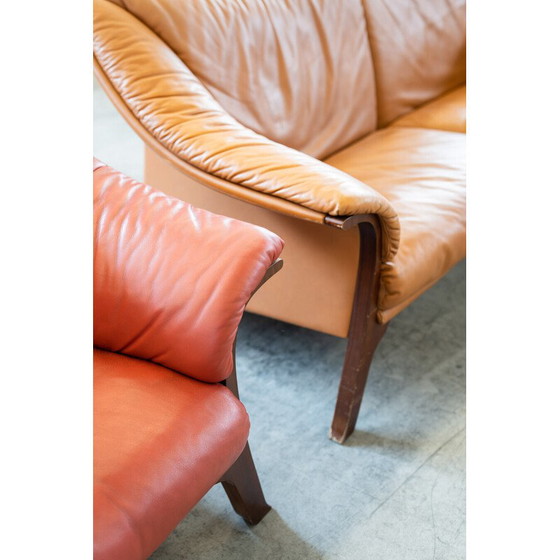 Image 1 of Pair of vintage Frau cognac and burgundy leather sofas, 1980s-1990s