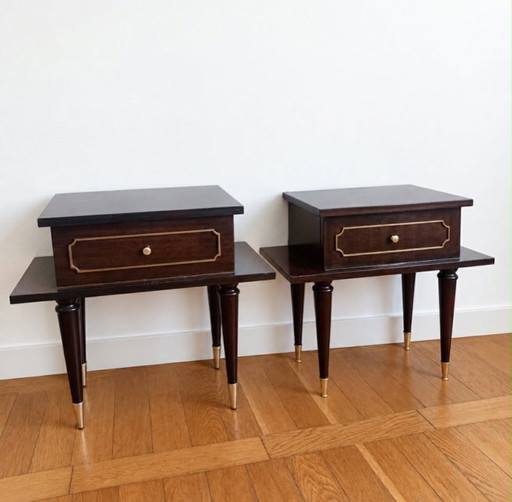 2x Mid-Century Gelakte Houten Nachtkastjes 1950
