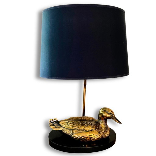 Lámpara de mesa vintage Deknudt de latón con forma de pato – Estilo de mediados de siglo – Pantalla negra