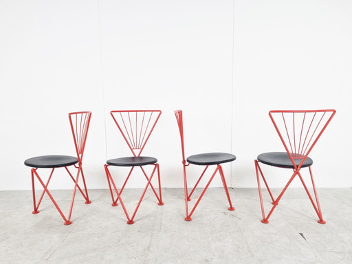 4x Chaises de salle à manger vintage en métal rouge, set