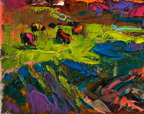 Image 1 of Original Oil Painting Colorful Sky Landscape Summer Blue Night