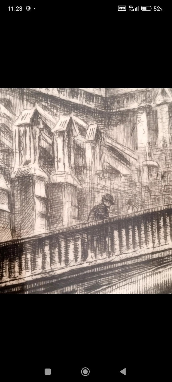Eau-forte Originale d'Aimé Edmond Dallemagne, Intitulée Notre-Dame de Paris et le Pont au Double (photo 10 of 13)
