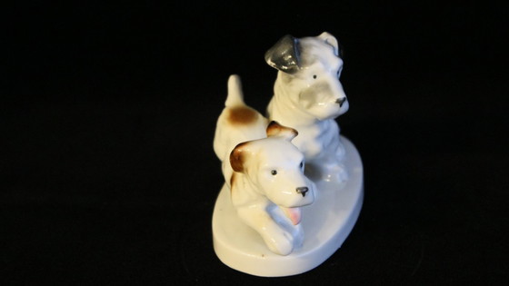 Image 1 of Set van twee hondenbeeldjes, terriërs, porselein, ongemerkt, onbeschadigd, vintage