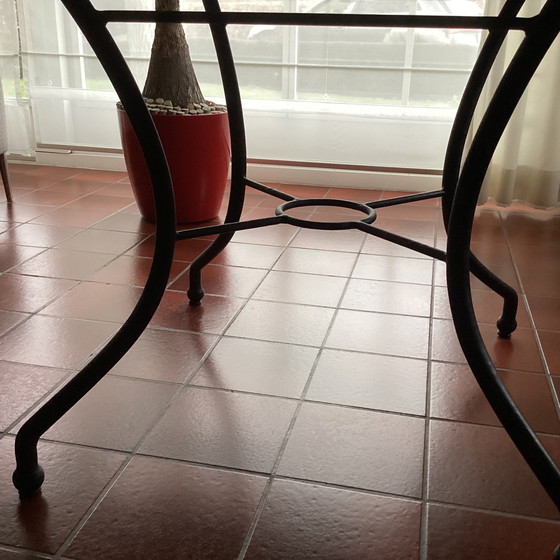 Image 1 of Tafelblad in Doornikse blauwe hardsteen + tafelpoot in smeedijzer