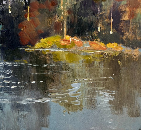 Image 1 of Original Oil Painting Gloomy Forest Landscape A river washes through the autumn forest