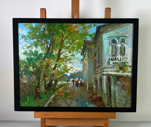 Peinture à l'huile originale représentant une rue de ville en journée