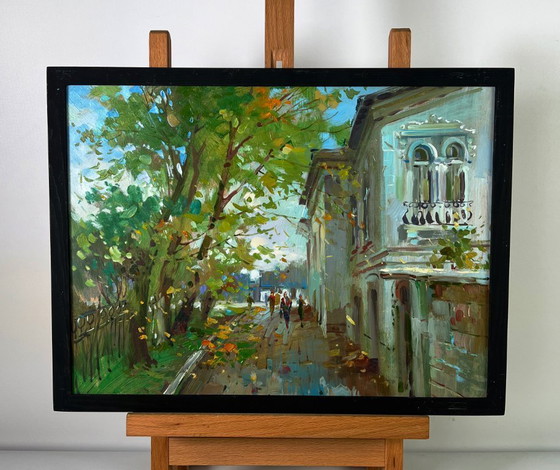 Image 1 of Peinture à l'huile originale représentant une rue de ville en journée