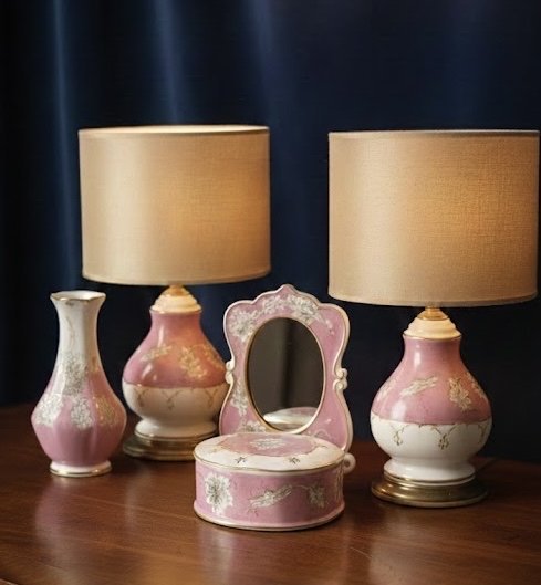 Stunning 5-Piece Vintage Rose Porcelain Vanity & Lamp Set