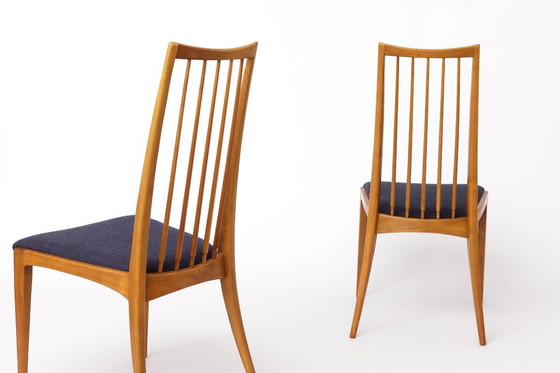 Image 1 of Pair of Vintage German Chairs by Ernst Martin Dettinger | 1970s | Refurbished Wooden Frames | Dark Purple Textile Upholstery