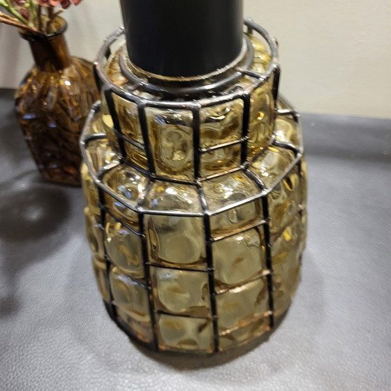 Image 1 of Vintage Yellow/Brown Glass Lamp with Black Frame