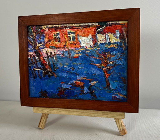 Original Oil Painting Morning House Landscape The last days of winter