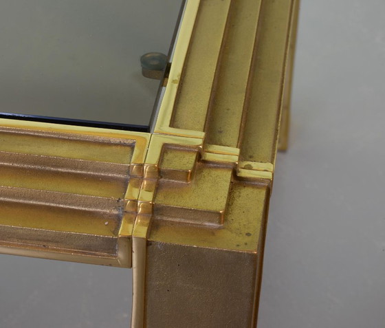 Image 1 of Hollywood Regency Solid Brass Square Coffee Table with Smokey Glass Top Attributed to Peter Ghyczy, 1970s. 