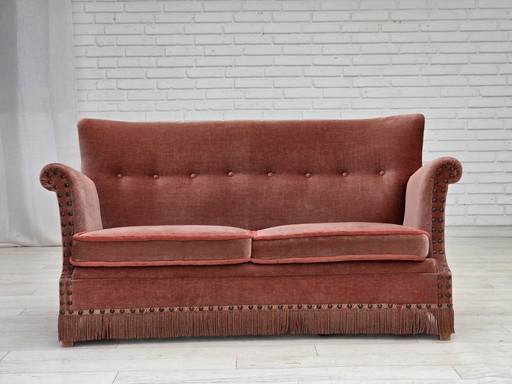 1970s, Danish 2-seater sofa, original salmon pink furniture velour, beech wood.