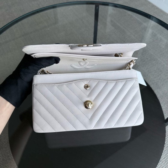 Image 1 of Chanel Classic Flap Small - Caviar 23CM Chevron Cream White Gold Hardware Series 26