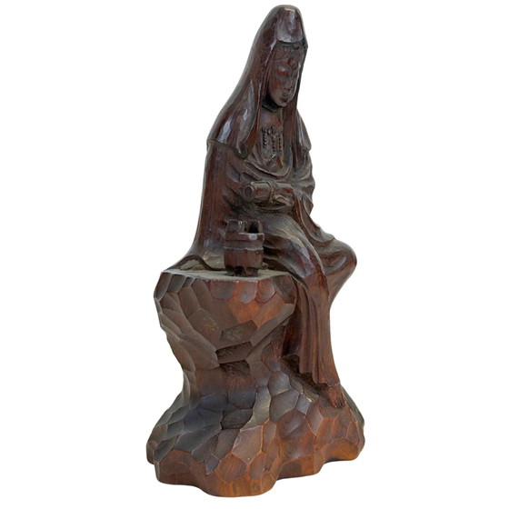 Kannon (Guanyin) Giapponese in Legno Hinoki Monolitico Intagliata a Mano, Stile Enku (14.2 cm) – Sculture (photo 2 of 9)