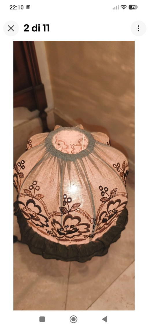 Vintage Lamp With Handcrafted Lampshade In Embroidered Cotton Cloth – tafellampen, Textile (photo 2 of 11)