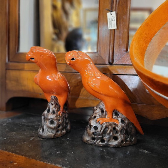 Image 1 of Pareja de loros naranjas, porcelana, 90’s - China