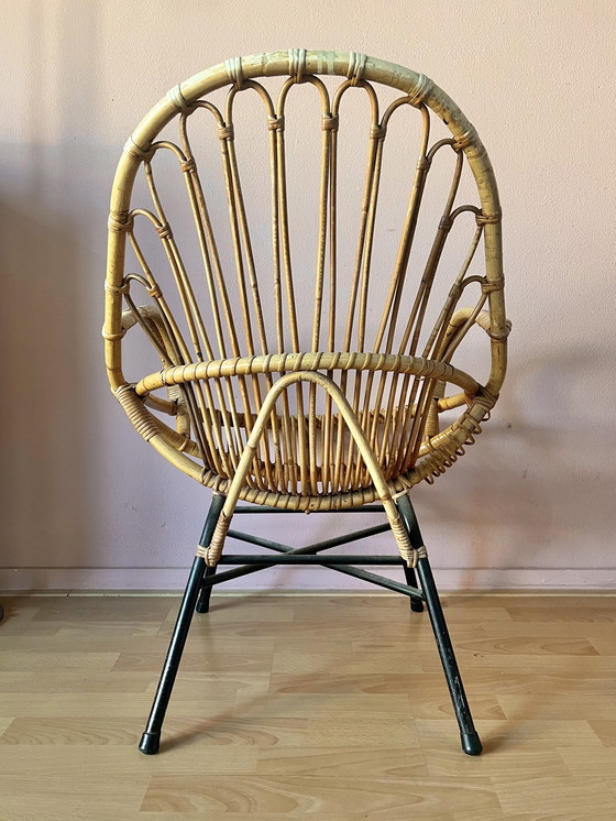 Image 1 of Vintage Bamboo Lounge Chair Rattan With Matching Stool Table Rohe Noordwolde Bamboo 1950