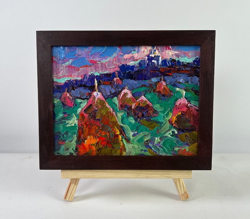 Original Oil Painting Sunset Field Landscape The evening is falling silent