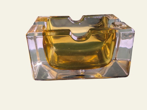 Raro posacenere di metà secolo in vetro giallo con custodia in pelle rossa | anni '60 vintage