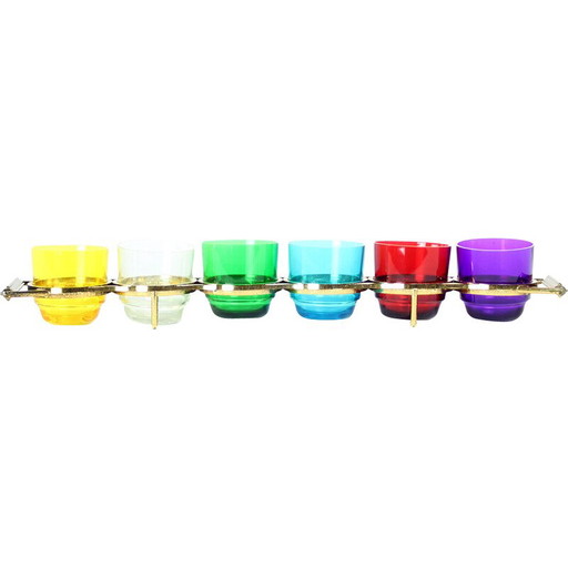 Juego de vasos de chupito de plástico vintage de colores del arco iris, Checoslovaquia, 1960