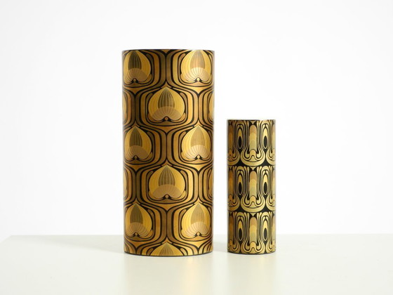 Image 1 of Two beautiful 1970s porcelain vases by Björn Wiinblad for Rosenthal Studio-Linie. Abstract peacock feathers in gold and black