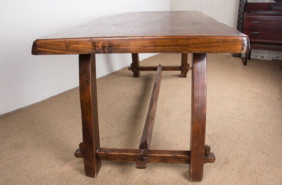 Image 1 of Large Brutalist style dining table, farmhouse style, in solid elm in the style of Olavi Hanninen 1960.