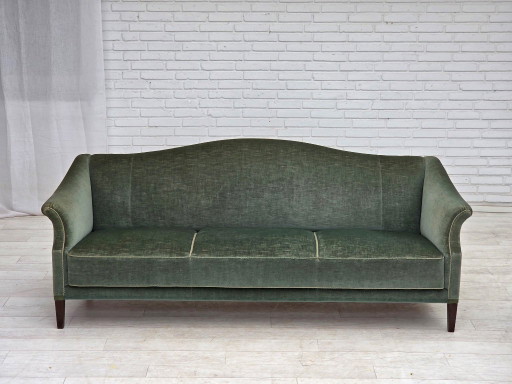 1960s, 3-Seater Danish Sofa, Green Furniture Velour.