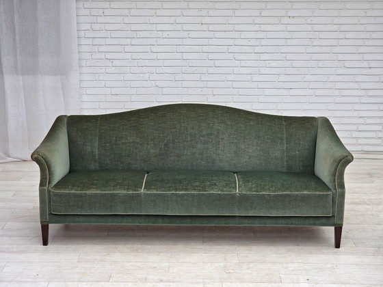 Image 1 of 1960s, 3-Seater Danish Sofa, Green Furniture Velour.