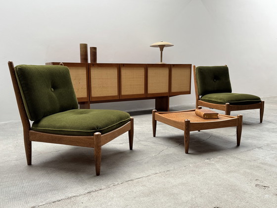 Image 1 of Set of 3 Wilhelm Knoll armchairs solid oak wood cord velvet dark green, Germany 1960s