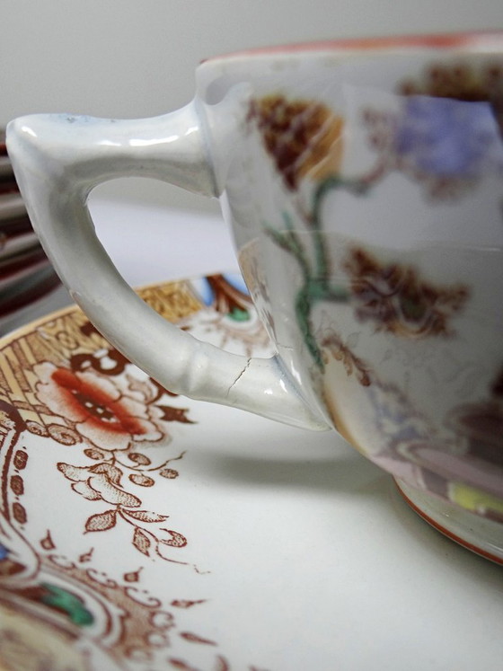 Image 1 of Sarreguemines - Kyoto - antique tea set: 5 cups and 6 Japanese-style saucers