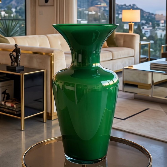 Image 1 of 1970s Italian Murano Blown Glass Emerald Green Vase by Maestro del Vetro.