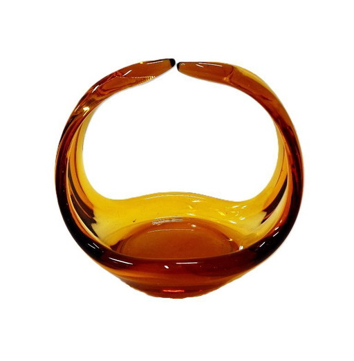 Vintage Amber Glazen Mand – Sculpturale Snoepkom / Middelpunt