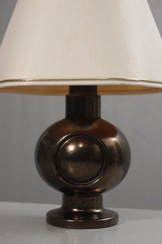 Image 1 of Vintage ceramic lamp base, black and gold enamel, 1950s Jouve style