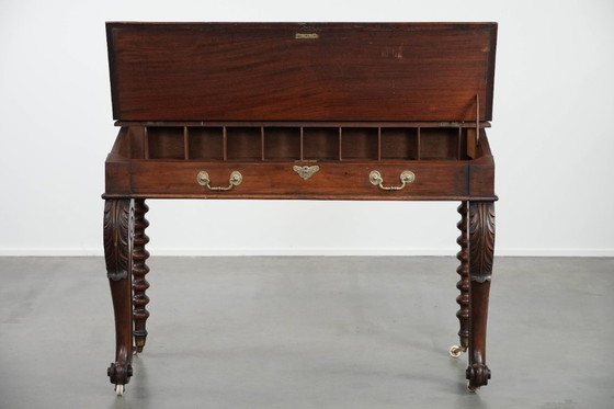 Image 1 of 19th century English antique oak wall desk/writing table on castors