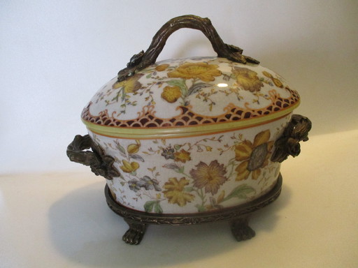 Toussi Court, Bonbonnière, Ceramic with Bronze Handles, Decorated with Flowers