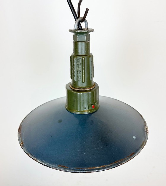Image 1 of Industrial Blue Enamel Military Pendant Lamp with Cast Aluminium Top, 1960