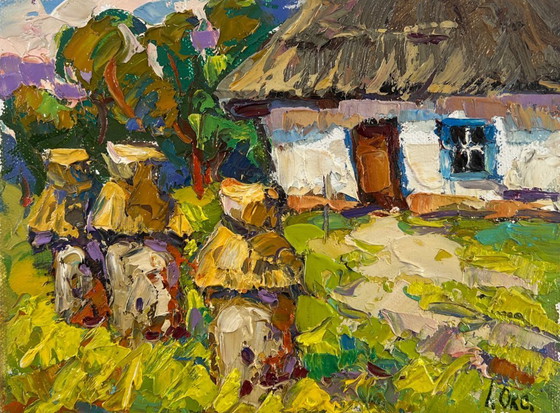 Image 1 of Original Oil Painting Colorful Village Landscape Quiet summer morning