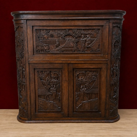 Vintage Teak Houten Thaise / Aziatische Barkkast / Drankkast / Bohemian Toog / Barmeubel (Houtsnijwerk) (photo 2 of 15)