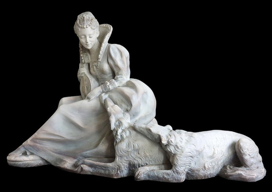 Image 1 of Art Deco sculpture of a seated lady with dogs