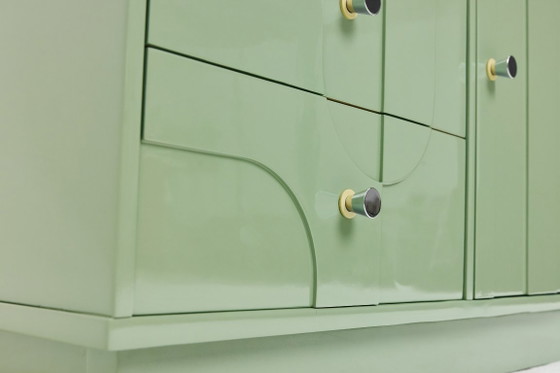 Vintage Sideboard, Wood, Relief, Pastel Green, High-Gloss Finish, 1970s (photo 8 of 15)
