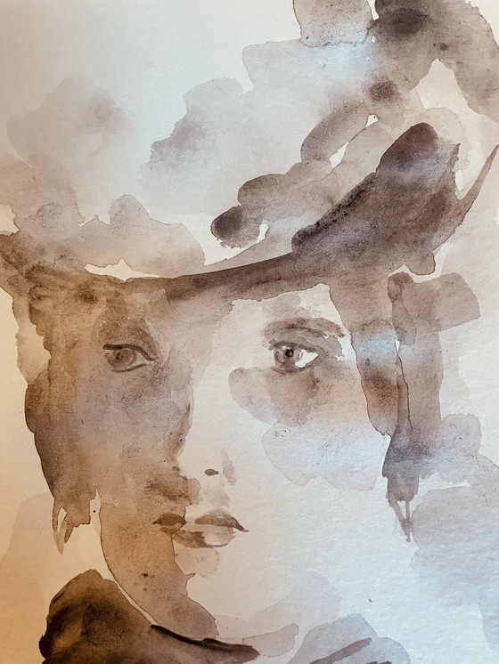 Image 1 of Pintura firmada en acuarela, monocromática, sepia, retrato femenino "Luz"
