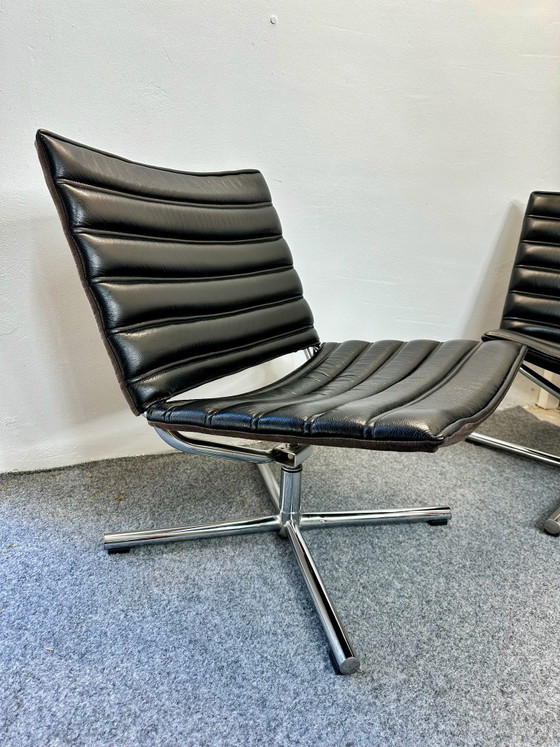 2 Poltrone Lounge Vintage Hülsta Pelle Cromo Anni '70, Sedie girevoli, Nero (foto 4 di 13)