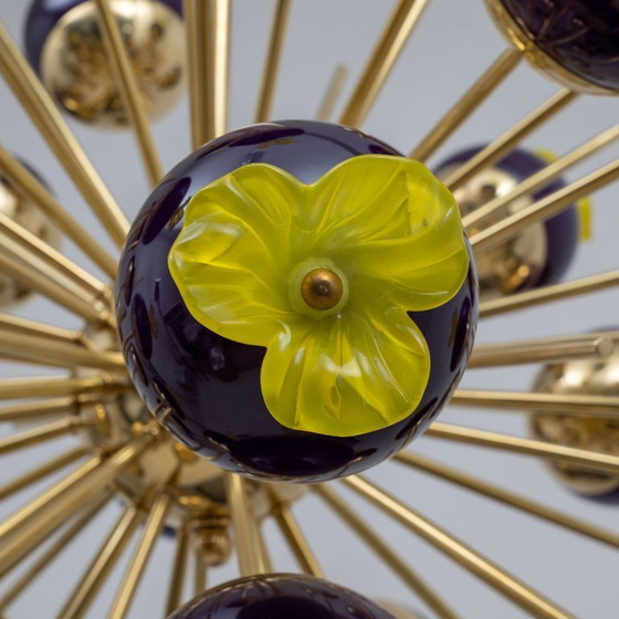 Image 1 of Italian Murano Glass and Brass Sputnik Chandelier, Yellow and Purple Spheres