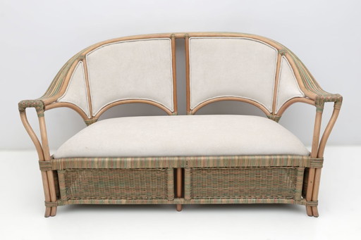 Mid-century Modern Italian Rattan and Wicker Two Armchairs and Sofa, 1970s